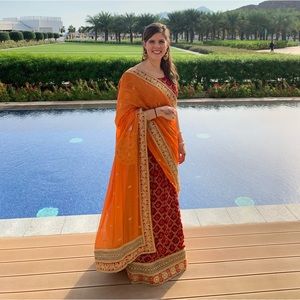 Three piece handmaids lehenga set, pictured here. Adjustable skirt.